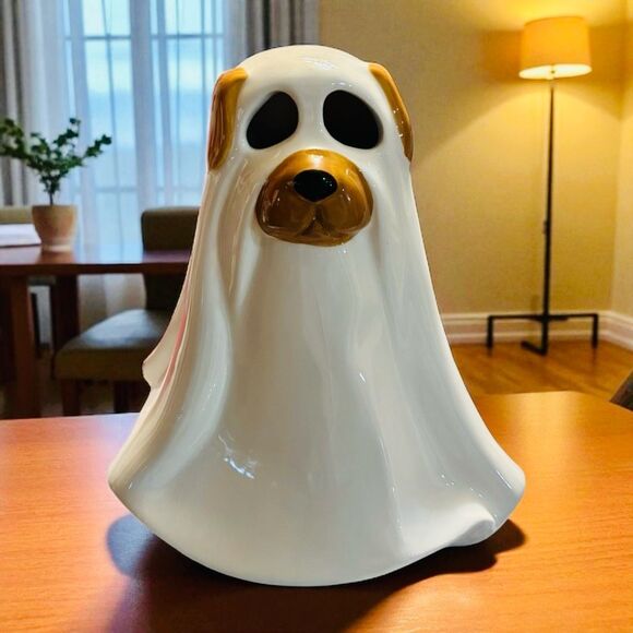 Adorable  Spooky Ceramic Ghost Dog Halloween Figurine New - Picture 1 of 5